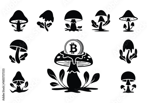 Black and White Mushroom Silhouettes with Bitcoin Theme Illustration Digital Art Various Fungus Shapes and a Bitcoin Coin Design Element