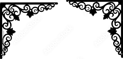 Decorative metal corner brackets, wrought iron, floral patterns, stylized swirls, geometric shapes, symmetrical designs, black metal