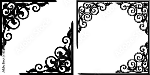 Decorative metal corner brackets, wrought iron, floral patterns, stylized swirls, geometric shapes, symmetrical designs, black metal