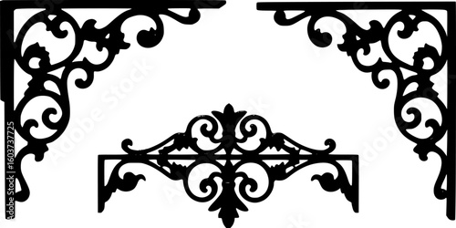 Decorative metal corner brackets, wrought iron, floral patterns, stylized swirls, geometric shapes, symmetrical designs, black metal