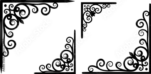 Decorative metal corner brackets, wrought iron, floral patterns, stylized swirls, geometric shapes, symmetrical designs, black metal