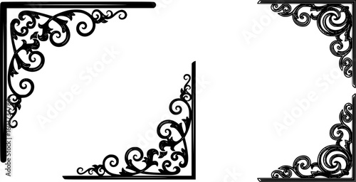Decorative metal corner brackets, wrought iron, floral patterns, stylized swirls, geometric shapes, symmetrical designs, black metal