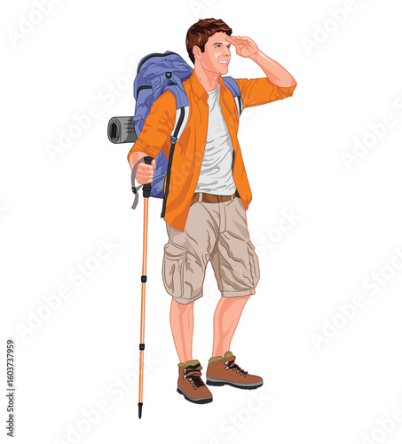 Illustration of a hiker with backpack and trekking pole