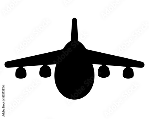 Silhouette of a heavy cargo plane with multiple engines and landing gear