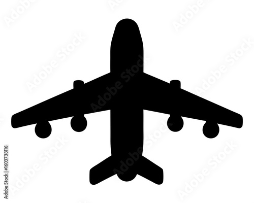 Black airplane silhouette with four engines and distinctive tail design
