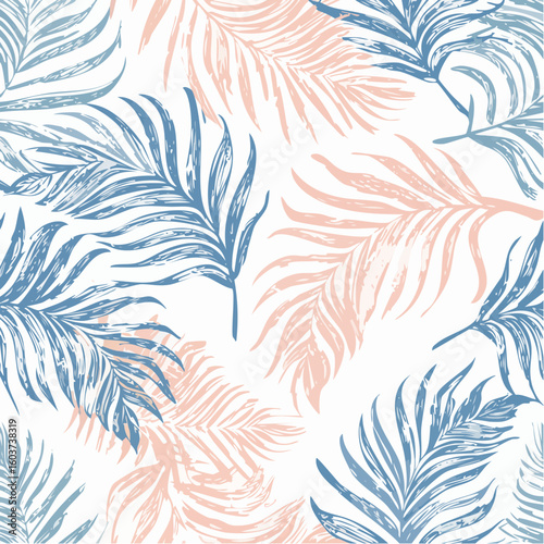 Seamless exotic pattern with palm leaves in linear style. Brush drawn tropical palm leaves wallpaper. Handdrawn vector ink illustration. Botanical graphic design for print. Grunge tropical foliage. 