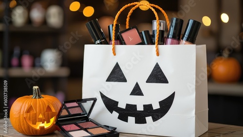 halloween shopping makeup discount. A Halloween-themed bag filled with cosmetics alongside a carved pumpkin, creating a festive and seasonal vibe.