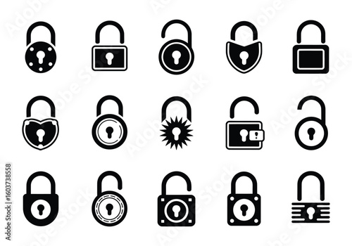 Collection of Fifteen Black Padlock Icons on White Background Security and Privacy Symbols for Website Design and Protection Concepts