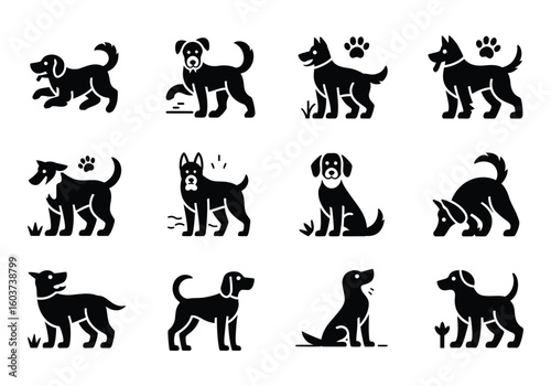 Collection of Various Dog Breed Poses in Black Silhouette Vector Illustrations for Animal Lovers and Pet Related Designs