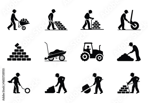 Construction worker silhouettes on white background representing building activities and construction site work equipment in vector format