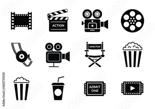 Film Industry Icons Collection Black and White Movie Set Elements for Cinema Production