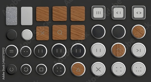 A diverse collection of realistic user interface control buttons with various metal, wood, and textured finishes for web and app design.