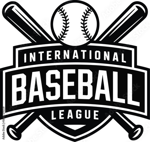 International Baseball League logo design featuring crossed bats and a baseball perfect for sports teams tournaments or branding related to baseball leagues and competitions