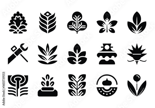 Set of fifteen black and white agricultural icons representing plant growth and farming implements in modern glyph style