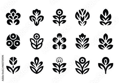 Set of minimalist botanical icons in black and white perfect for branding and design projects with natural organic themes