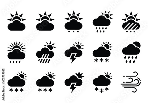 Weather forecast icons set representing different atmospheric conditions cloud sun rain snow storm wind black and white