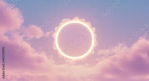 A celestial scene featuring a glowing ring against a pastel sky, surrounded by clouds.