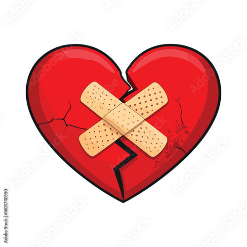 A symbolic red broken heart, mended with a medical plaster or band-aid, isolated to show first aid care for love's pain