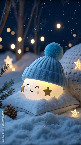 Little girl dreaming in a snowy winter night with holiday magic