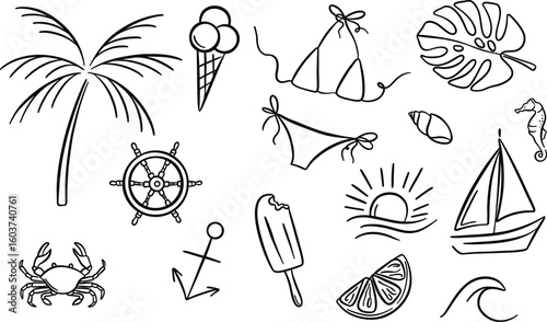 Summer doodles, line art hand drawn ink vector outline illustration set, modern minimalist clip art collection