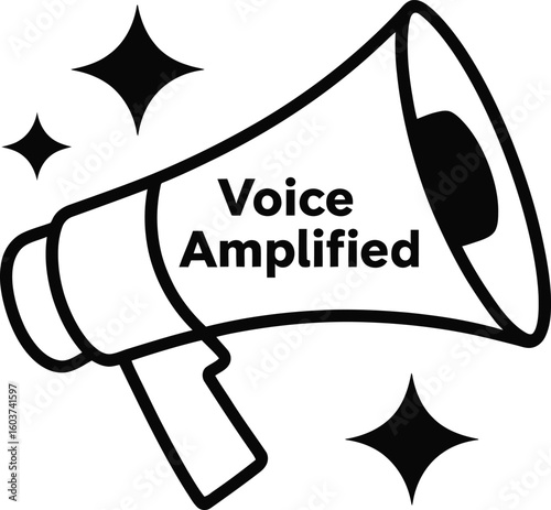 Hand drawn megaphone with text voice amplified and sparkling stars