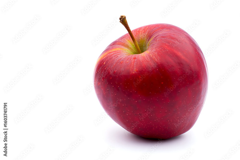 A single ripe red apple with a stem stands isolated on a clean white background showcasing its vibrant color and smooth skin A single ripe red apple with a stem stands isolated on a clean white background showcasing its vibrant color and smooth skin