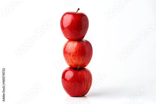 Three perfectly ripe red apples stacked vertically in a balanced tower against a clean white background