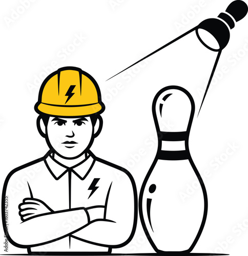 Electrician with arms crossed standing next to a bowling pin under a spotlight