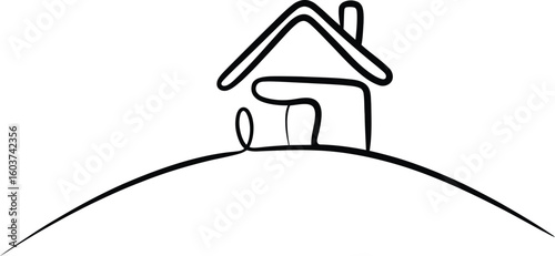Simple line drawing of a house on a hilltop