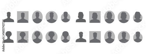  avatars or profiles male and female different races portraits, silhouettes, anonymous people icons. Man, woman, people, African American or Asian.