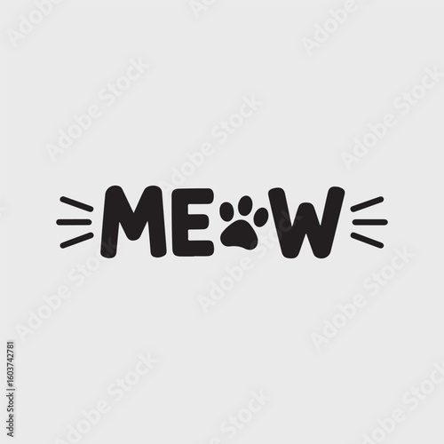 Black Meow text with paw print and whiskers kitten