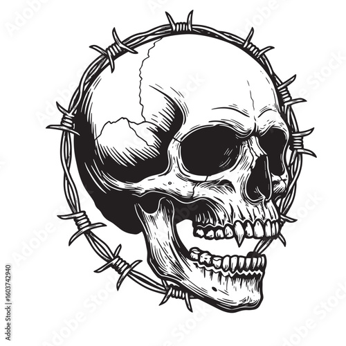 Human skull barbed wire crown head