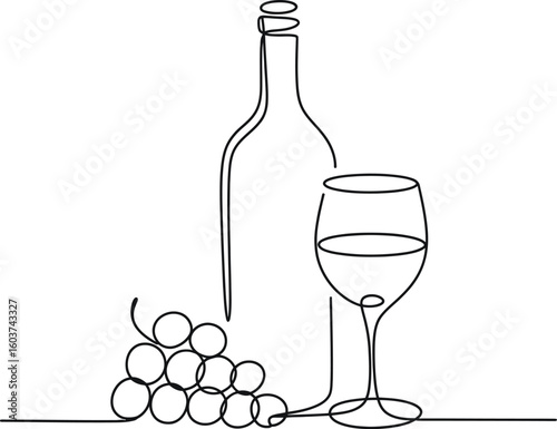 Elegant single line drawing of a wine bottle glass and grapes