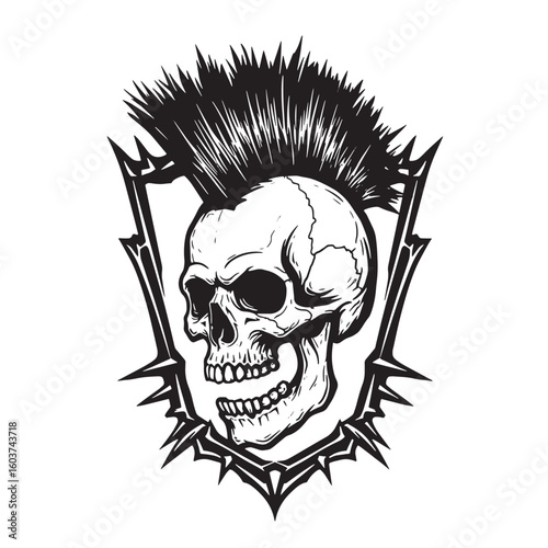 Punk skull with spiky mohawk and tribal frame vector