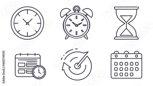 Time and Clock Icon Set in Slate Gray for Scheduling, Alarms, and Time Management
