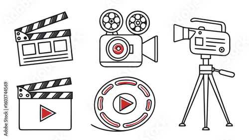 Video and Film Icon Set in Crimson Red for Media Production, Editing, and Cinematography
