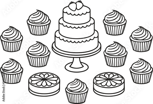 Three tier cake with cupcakes and round pastries pastry
