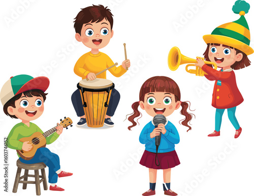 Cartoon kids playing musical instruments and singing happily, joyful children band performance, fun learning music, colorful childhood moment