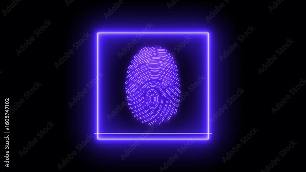 Neon fingerprint scanner animation on black background, neon glowing Fingerprint QR code scanner animated. 4k video, Scanning the QR code icon animation, 