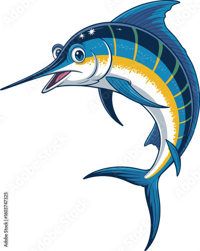 Colorful cartoon marlin fish illustration, smiling swordfish character, aquatic sea animal design for kids, marine life vector artwork, isolated