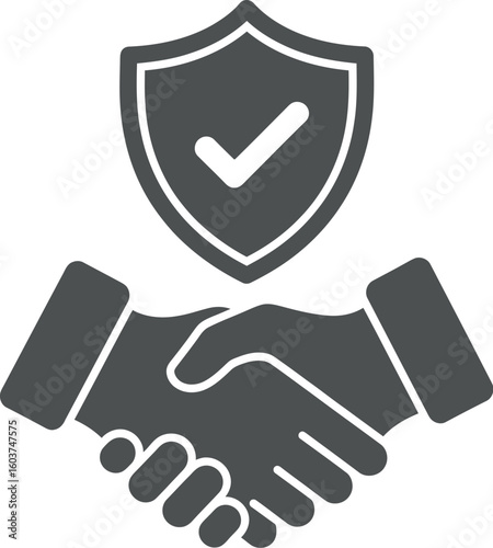 A gray handshake graphic under a shield with a checkmark symbolizing secure agreement and partnership