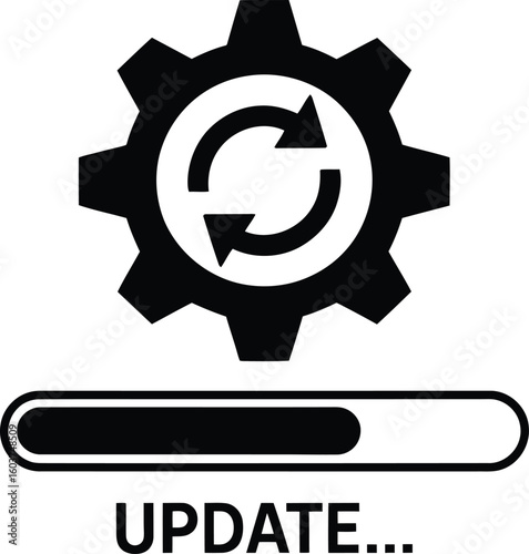 Gear icon with refresh arrows and progress bar indicating system update