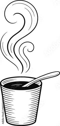 Hand drawn illustration of a steaming cup of coffee with a spoon