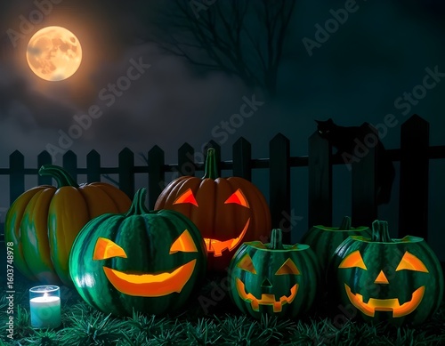 Halloween Night with Carved Pumpkin and Watermelon Jack-o'-Lanterns, Full Moon, Fog, and Black Cat