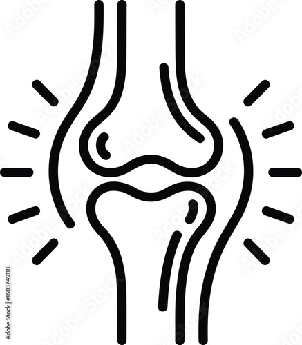 Stylized line art icon of a human knee joint with painful inflammation