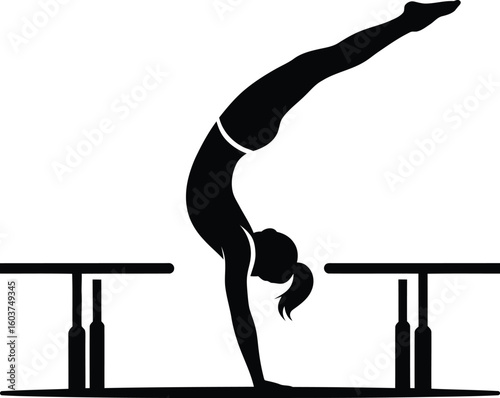Silhouette of a female gymnast performing a handstand on parallel bars