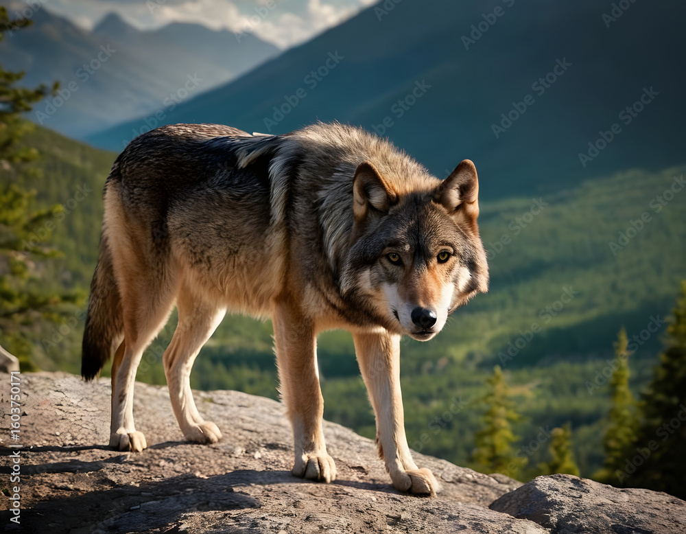 Fototapeta premium A lone wolf wanders in the mountains, struggling to survive. Beautiful background with text space. a grey wolf in the mountains.