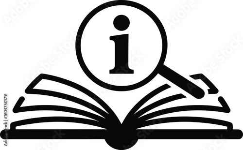Open book with magnifying glass and information symbol icon