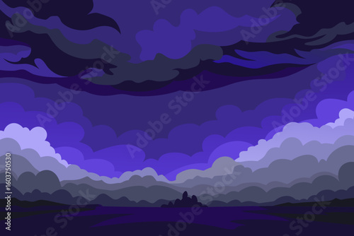 Abstract night sky landscape illustration with dramatic cloud formations and subtle shades