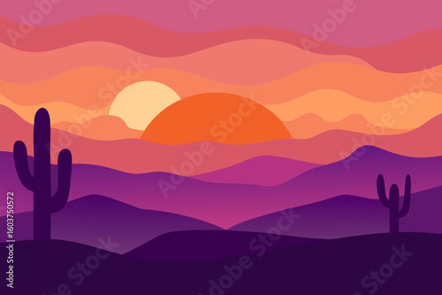 Desert landscape sunset with cactus silhouette and layered mountains in vibrant colors